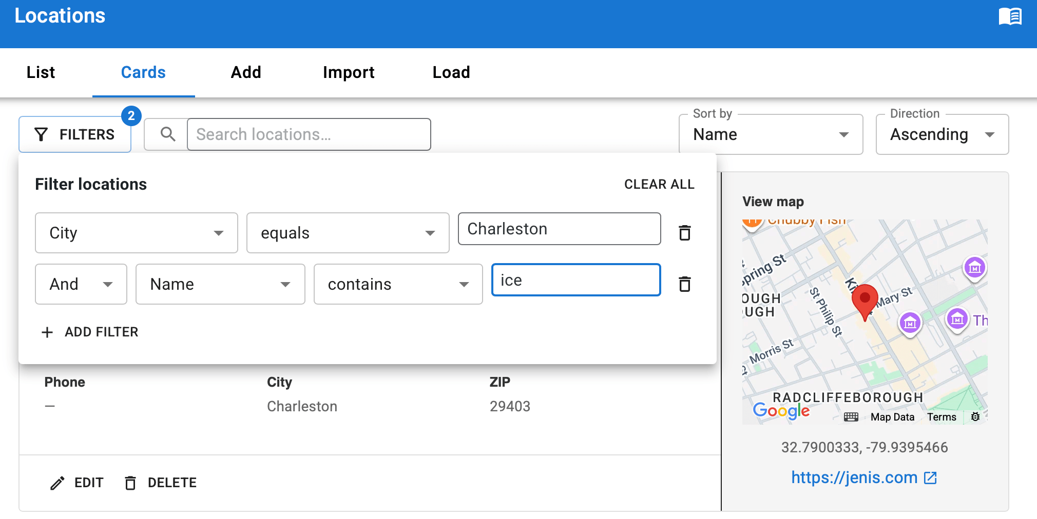 Location Cards Filter