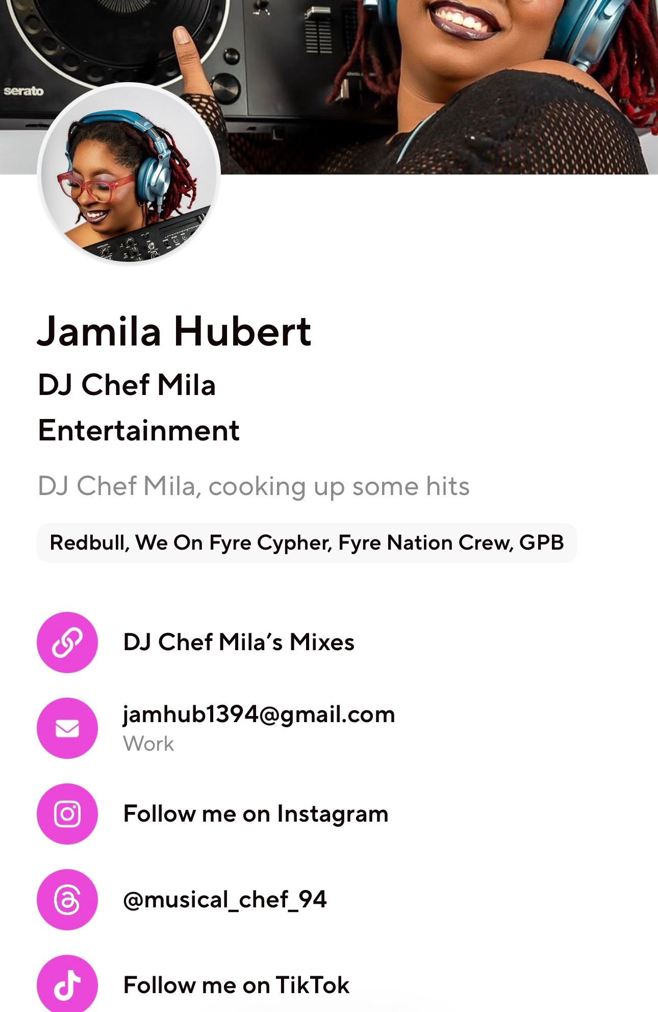 DJ Chef Mila profile and contact page