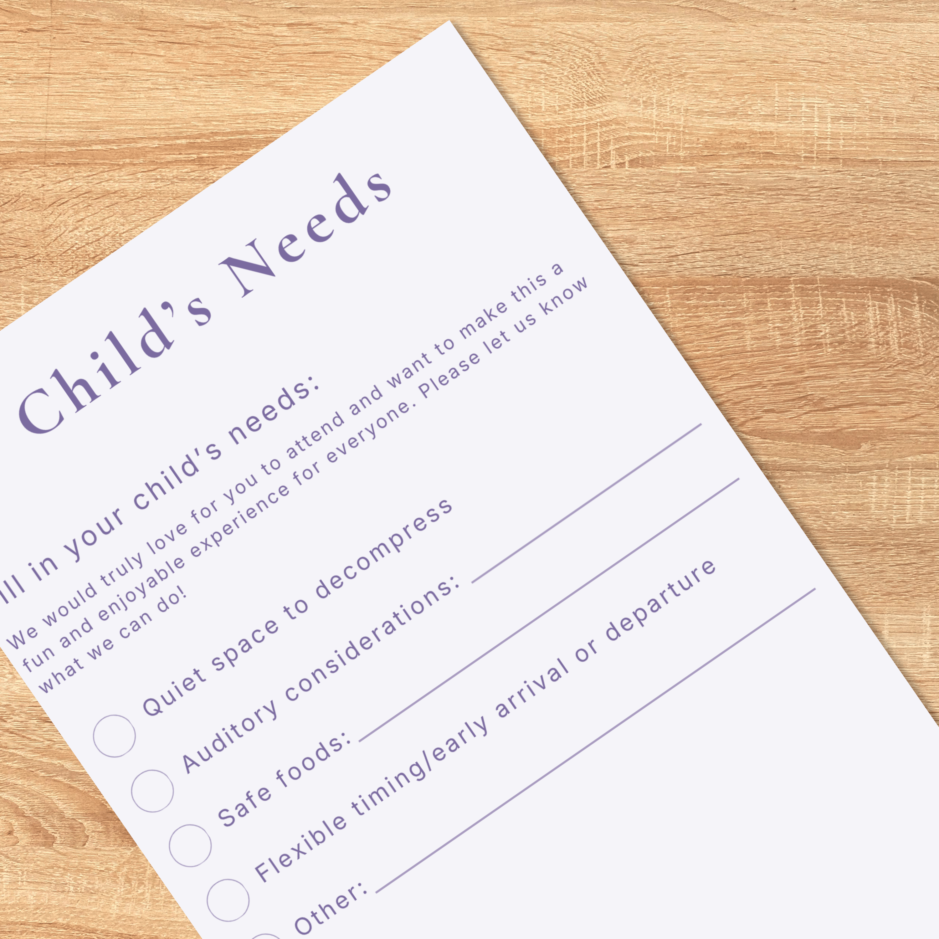 Sensory Friendly Child Needs Insert