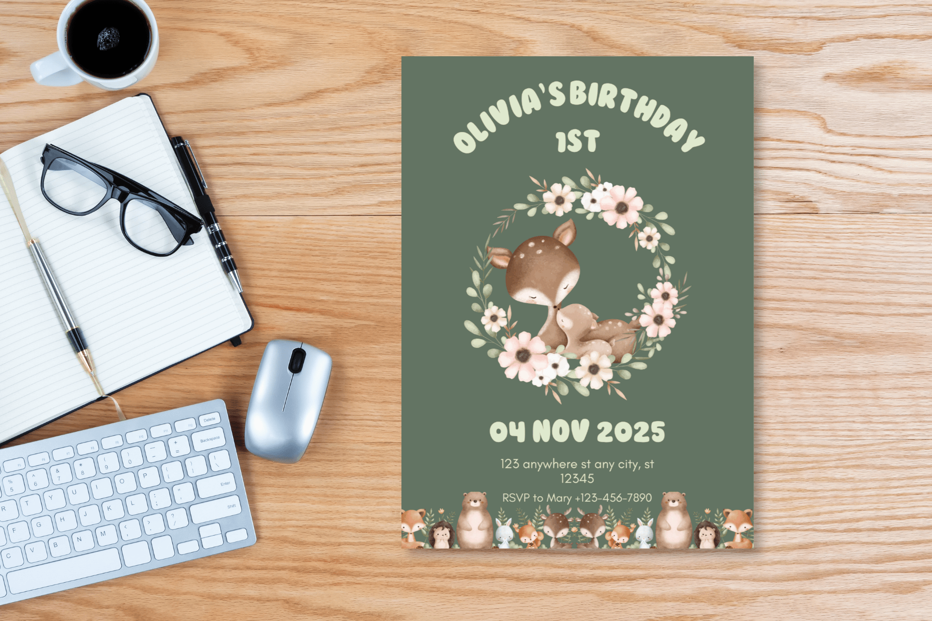 Woodland First Birthday Invitation Template