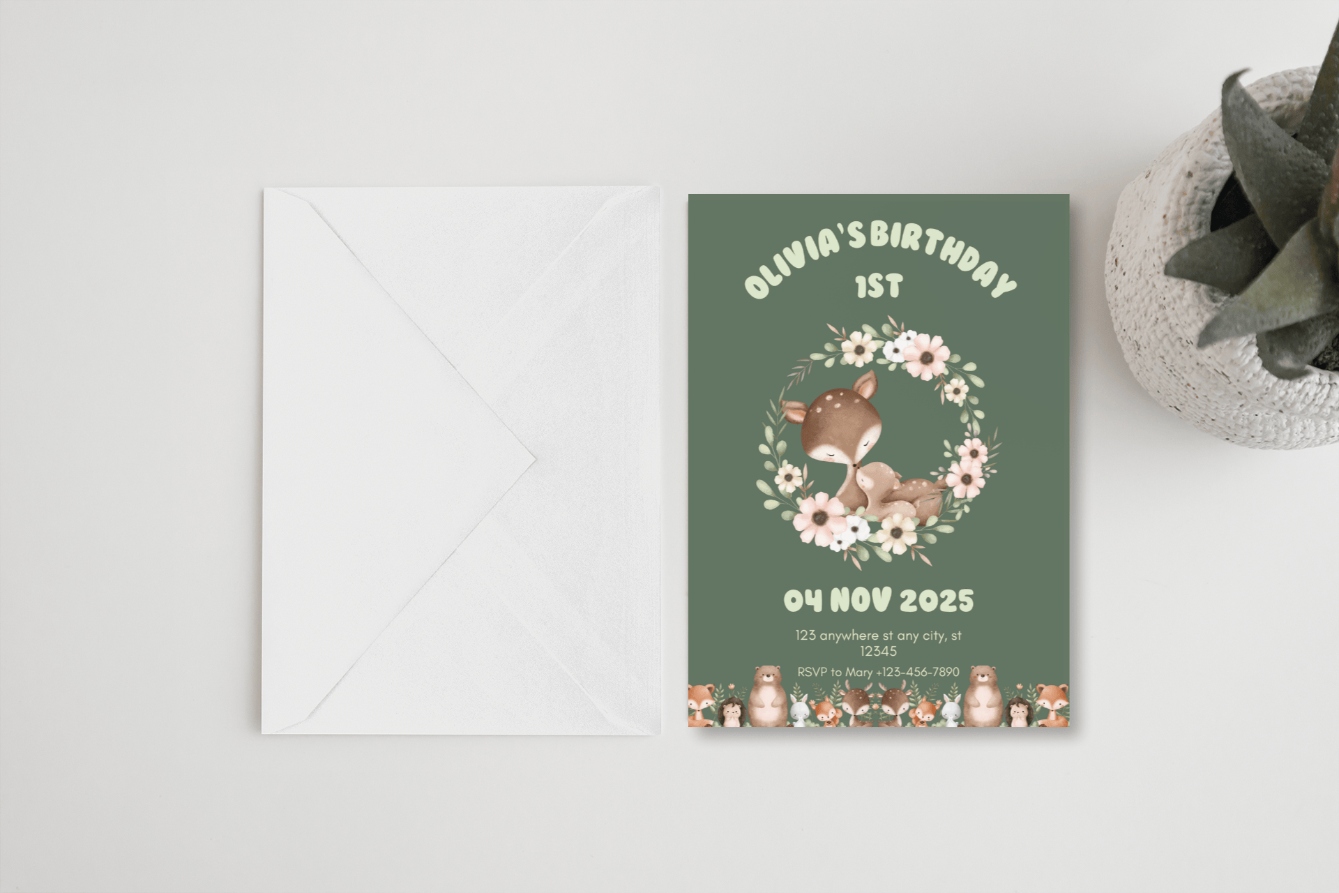 Woodland First Birthday Invitation Template