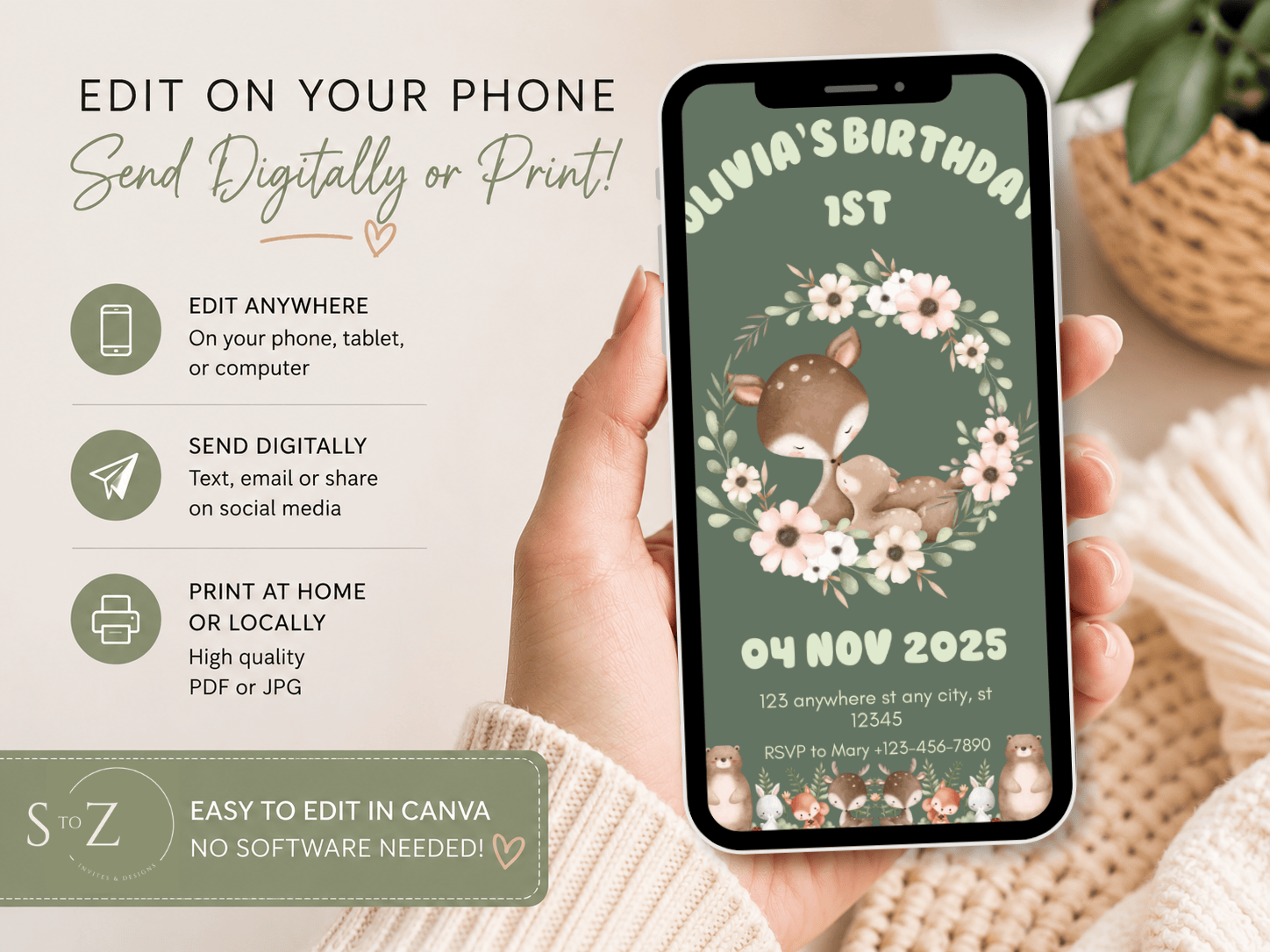 Woodland First Birthday Invitation Template