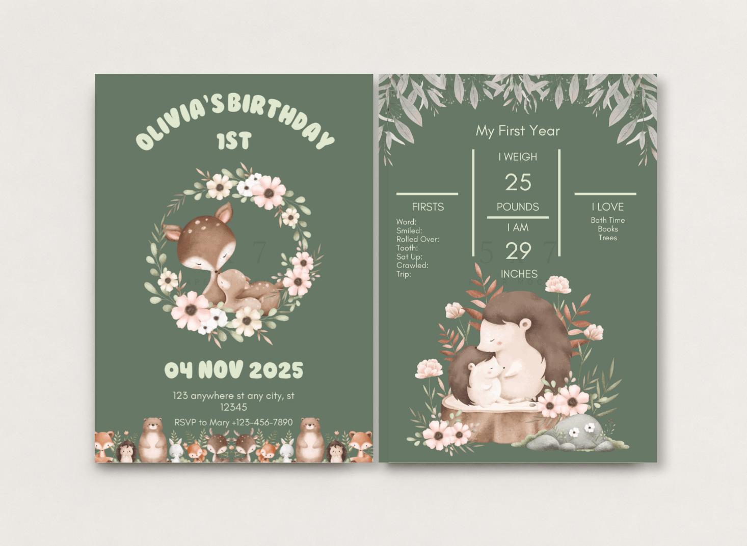 Woodland First Birthday Invitation Template