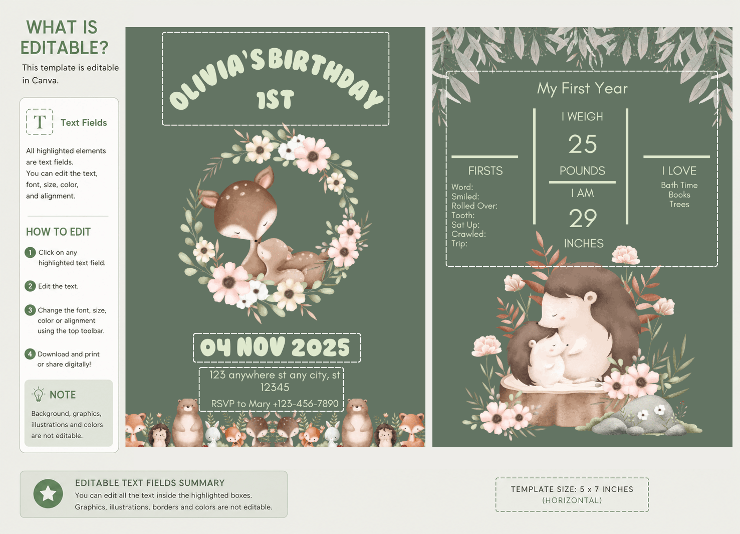 Woodland First Birthday Invitation Template