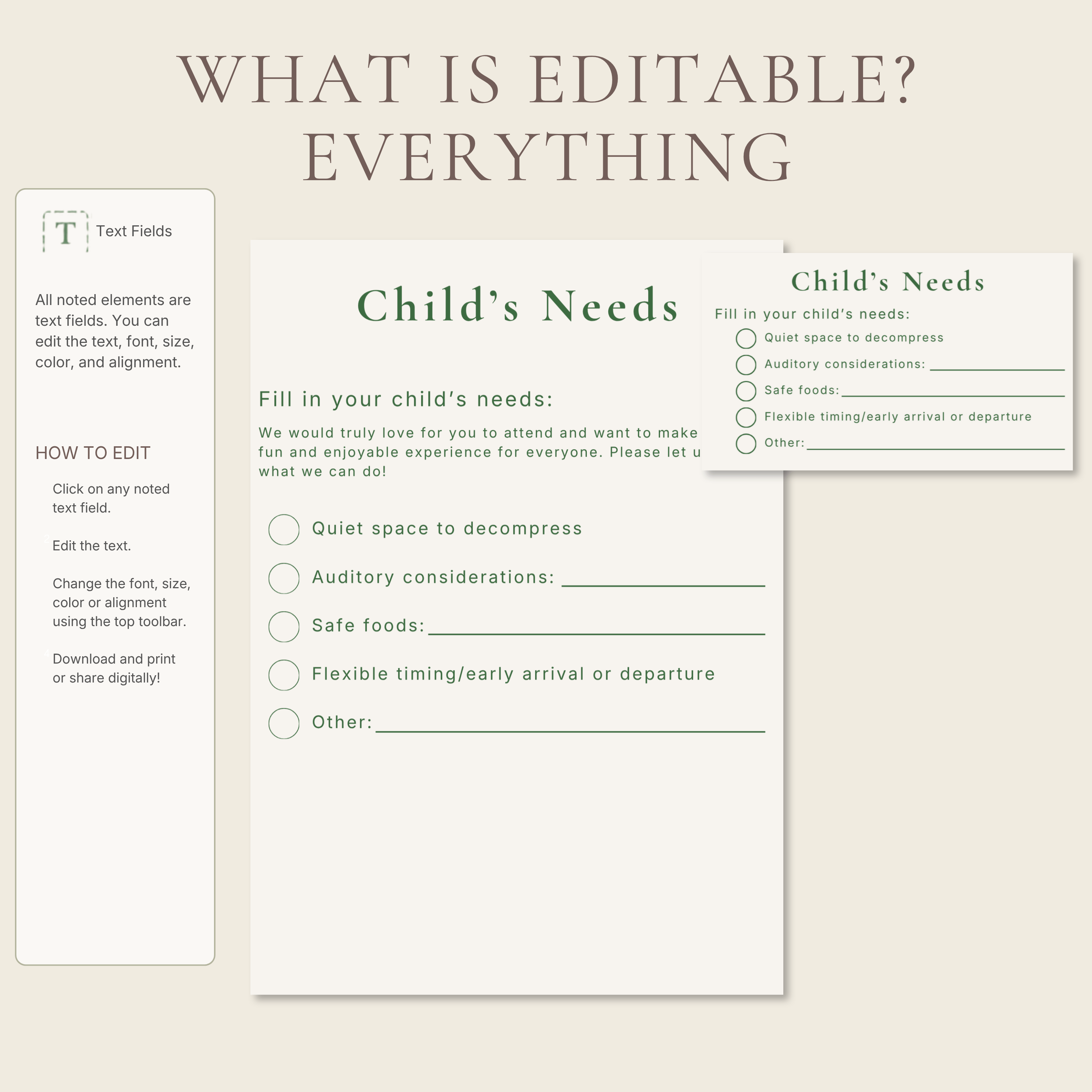 Sensory Friendly Child Needs Insert