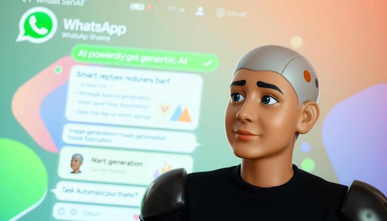 A WhatsApp chat interface, showcasing the benefits of generative AI. In the foreground, a lifelike digital assistant converses with a user, its expressive face and natural language conveying empathy and intelligence. The middle ground depicts various AI-powered features like smart replies, image generation, and task automation. The background subtly hints at the broader ecosystem of generative AI, with abstract shapes and color gradients symbolizing the advanced technology powering this experience. The lighting is soft and diffused, creating a warm, inviting atmosphere that highlights the seamless integration of AI into the everyday WhatsApp experience.