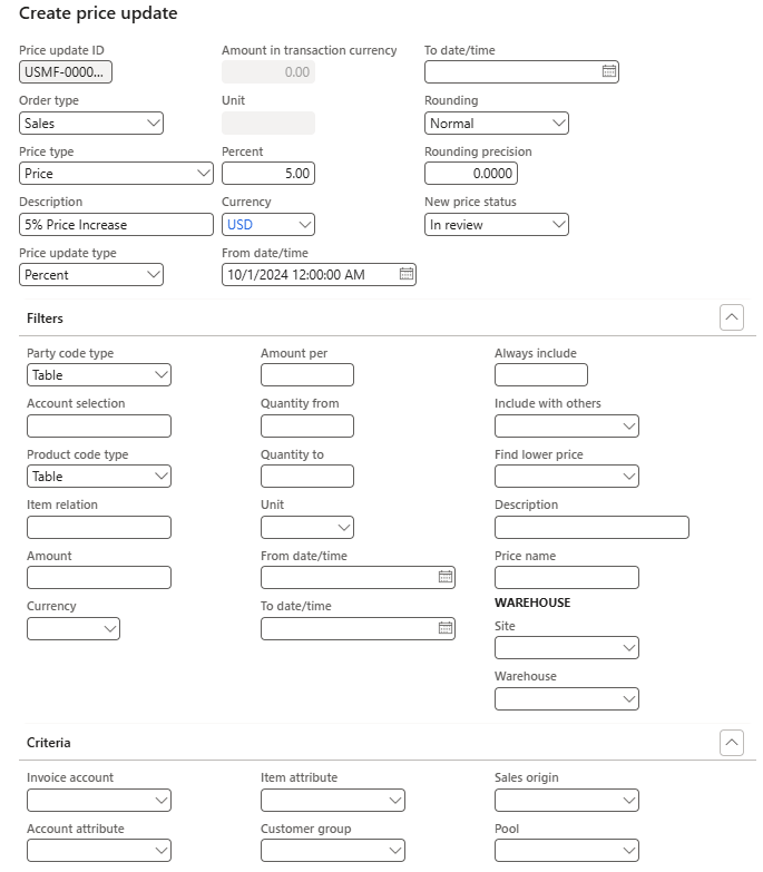 Price update tool on the Pricing tab in Strabo Price Plus