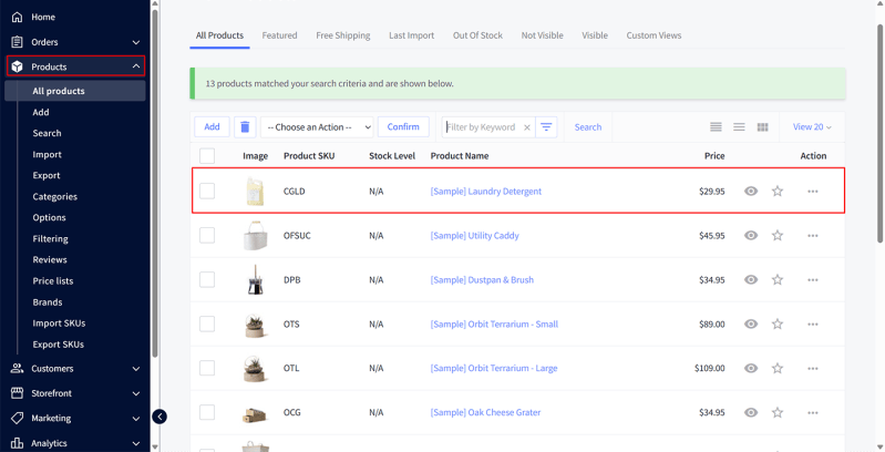 BigCommerce product catalog screenshot