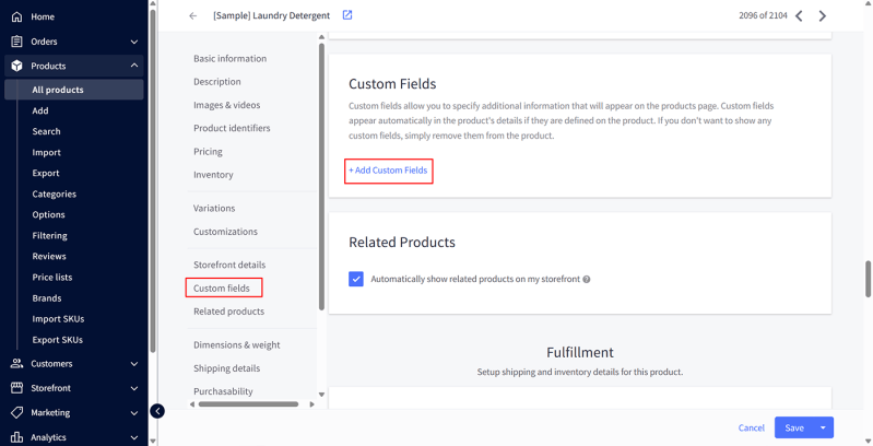 BigCommerce custom fields section screenshot