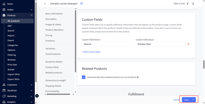 BigCommerce save product screenshot