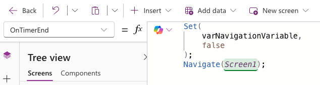Power Apps formula bar showing OnTimerEnd with Set(varNavigationVariable, false) followed by Navigate(Screen1)