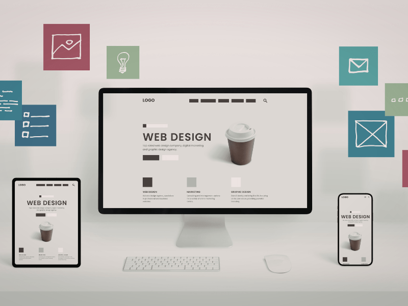 Image of various devices that say "web design" on them surrounded by web-related icons