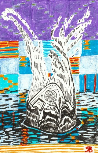 Illustration. A damaged space ship crashes into water against a background of kente cloth patterns.