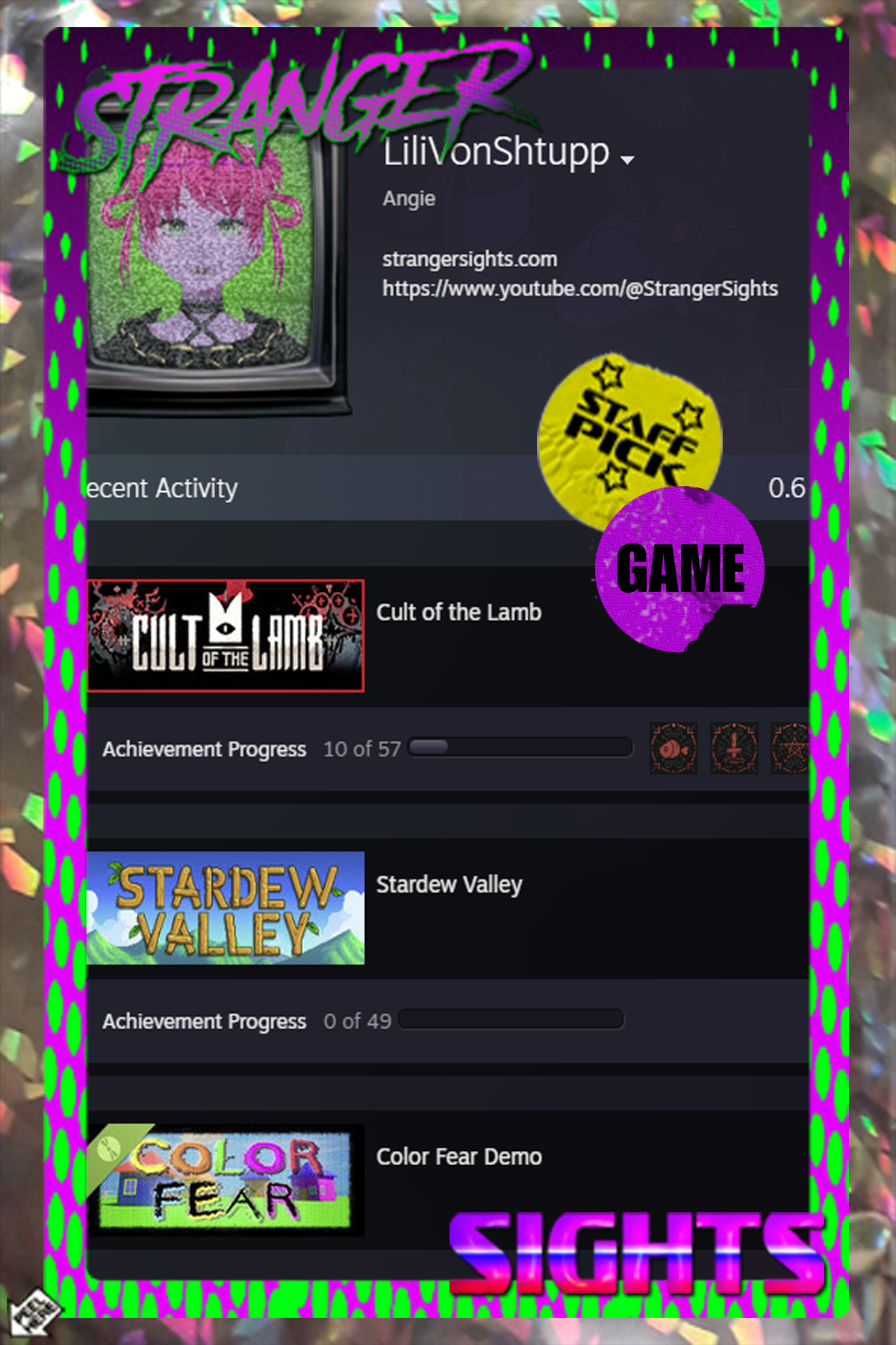 Angie's Steam profile on Stranger Sights' holosticker background
