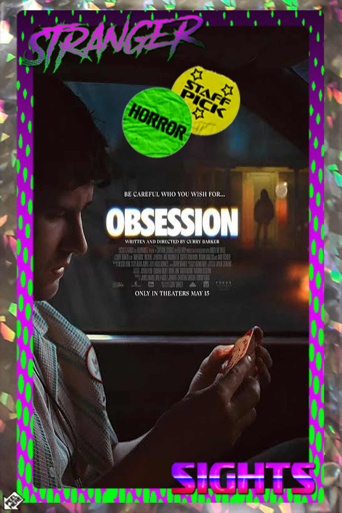 Obsession movie poster on Stranger Sights holosticker background with Staff Pick and Horror VHS stickers.