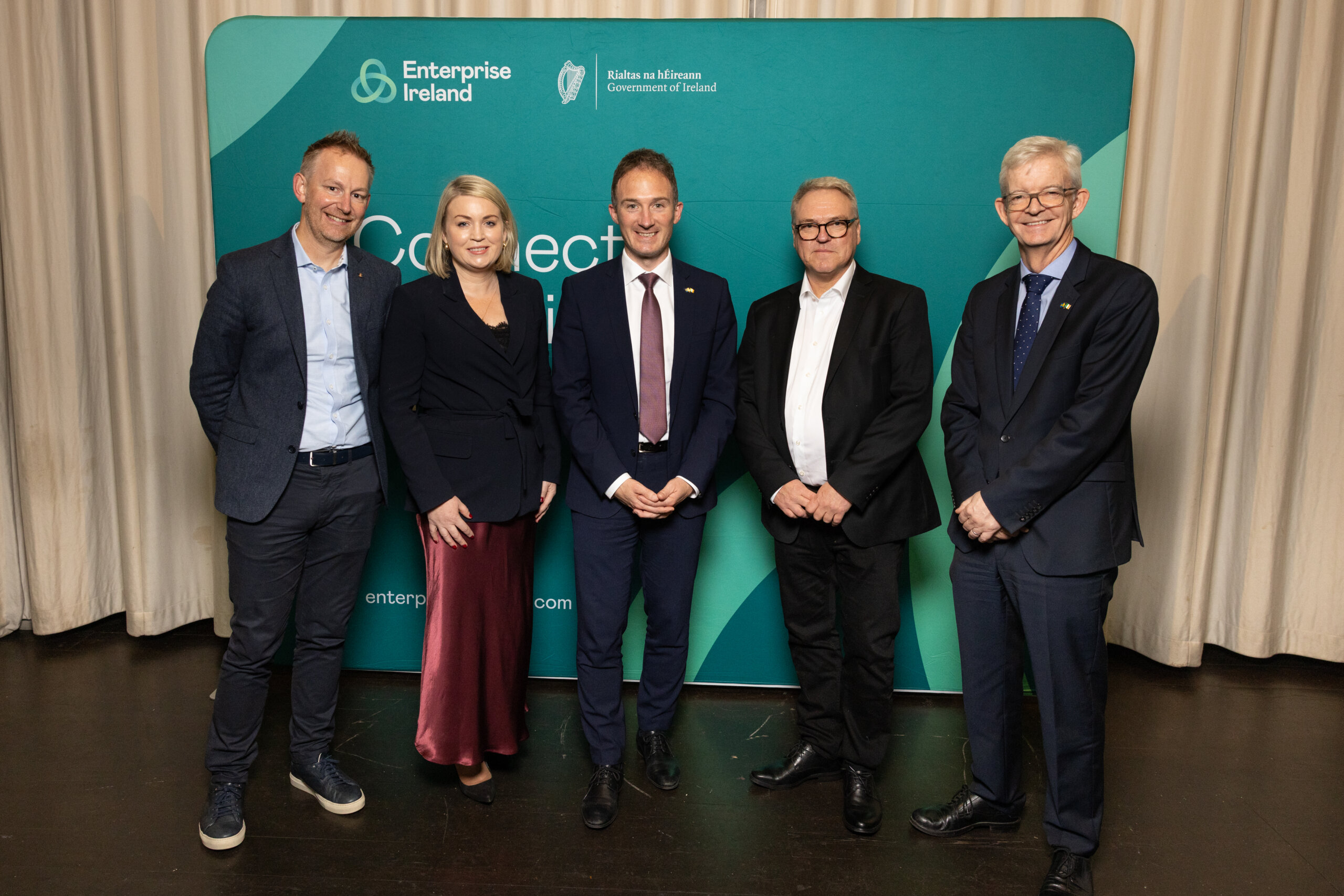 Enda Grimes, Minister Alan Dillon TD, Håkan Olovsson, Joe Healy of Enterprise Ireland, and Melissa Sheridan at the Sweden–Ireland Trade Mission dinner in Stockholm