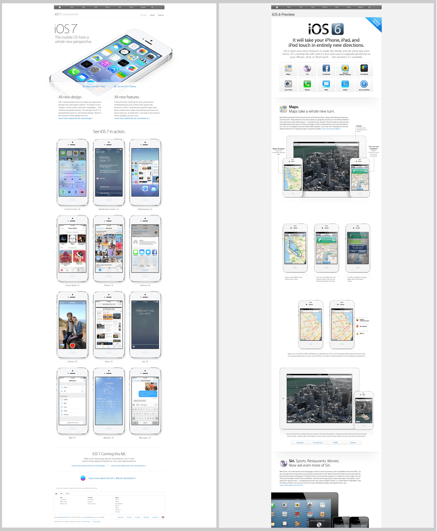 iOS 7 preview page on left (link); iOS 6 preview page on right (link)
