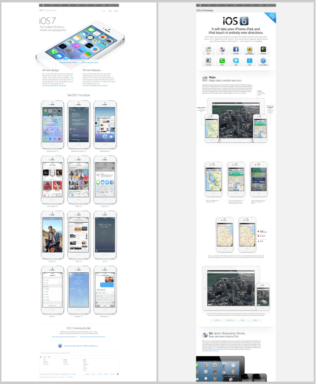 iOS 7 preview page on left (link); iOS 6 preview page on right (link)