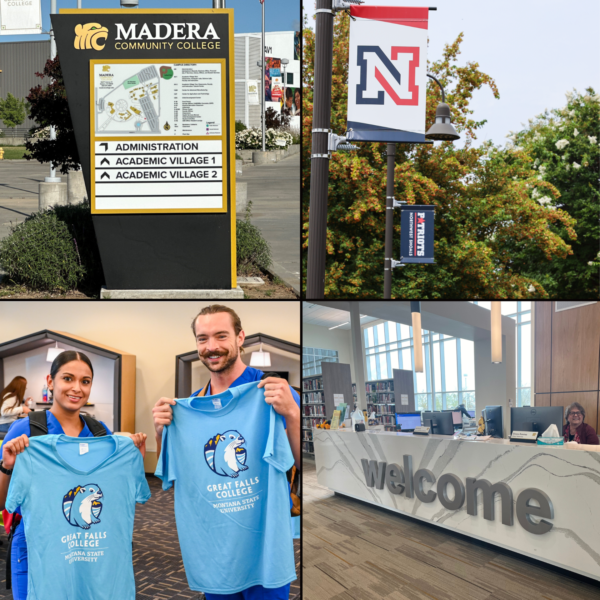 Madera Community College (top left), Northwest Shoals Community College (top right), Great Falls College (bottom left), Madera Community College (bottom right)