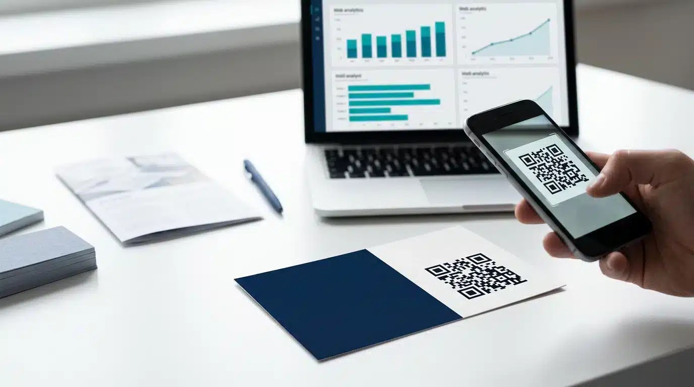 Printed direct mail postcard with a QR code being scanned by a smartphone beside a laptop showing campaign analytics
