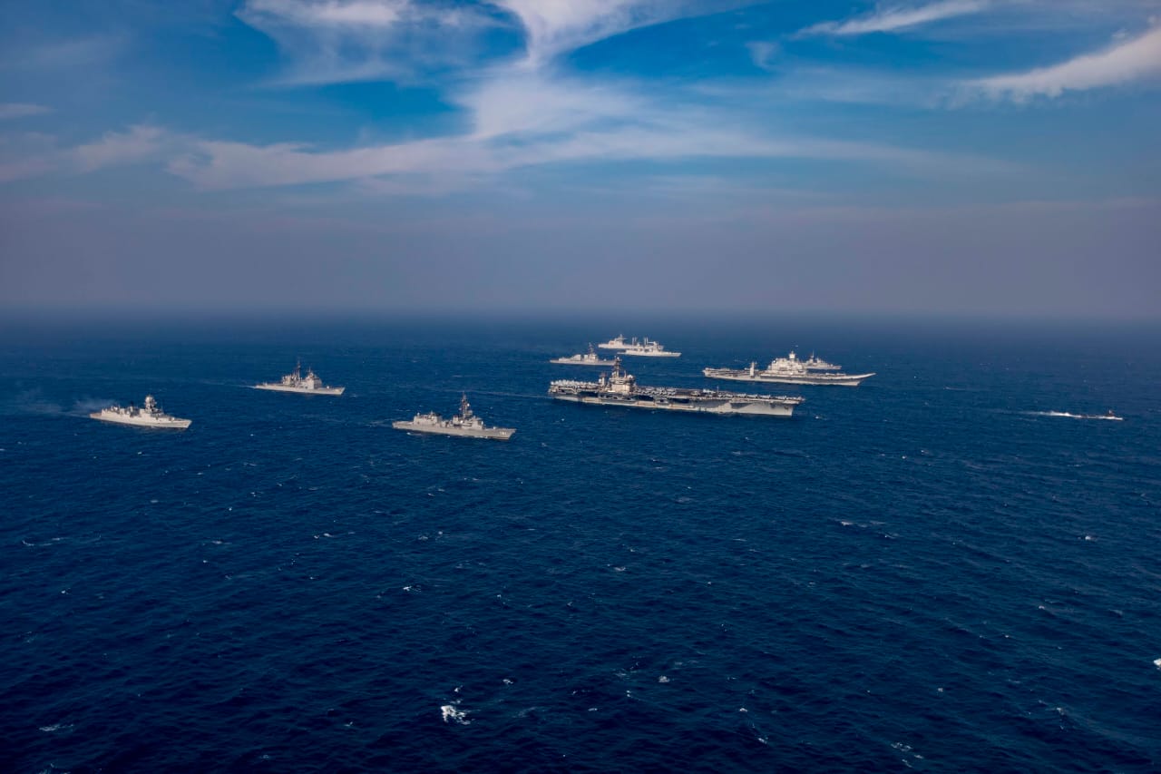 The Indian Navy's Vikramaditya Carrier Battle Group exercising with US Navy's Nimitz Carrier Strike Group, Australian HMAS Ballarat and Japanese JS Murasame during Malabar 2020, last November | Photo: Indian Navy