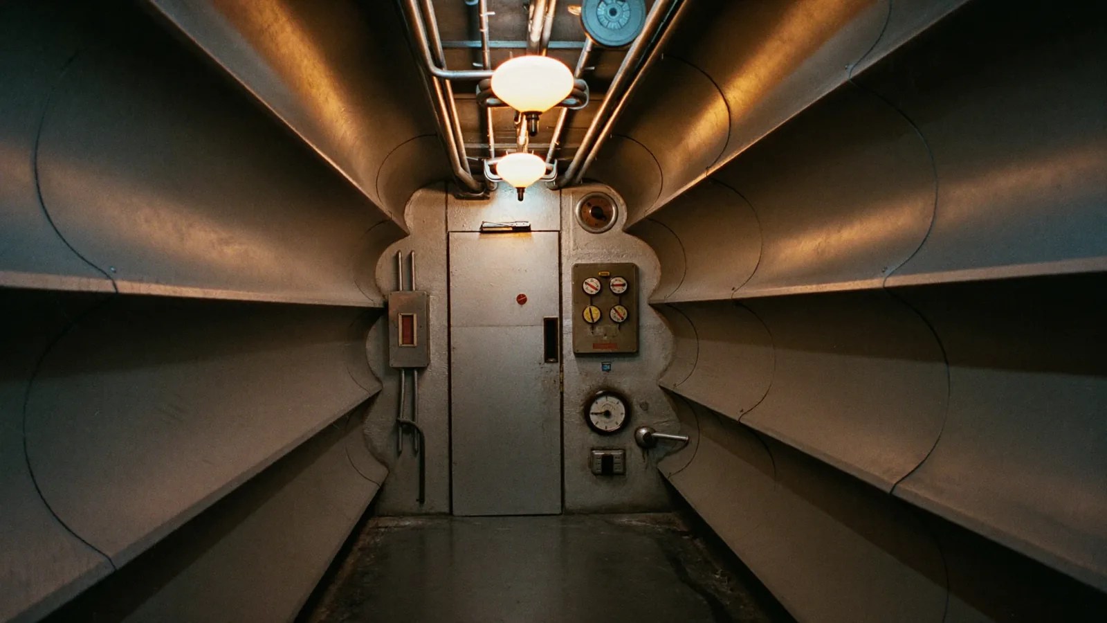 A retro mid-century fallout shelter interior corridor