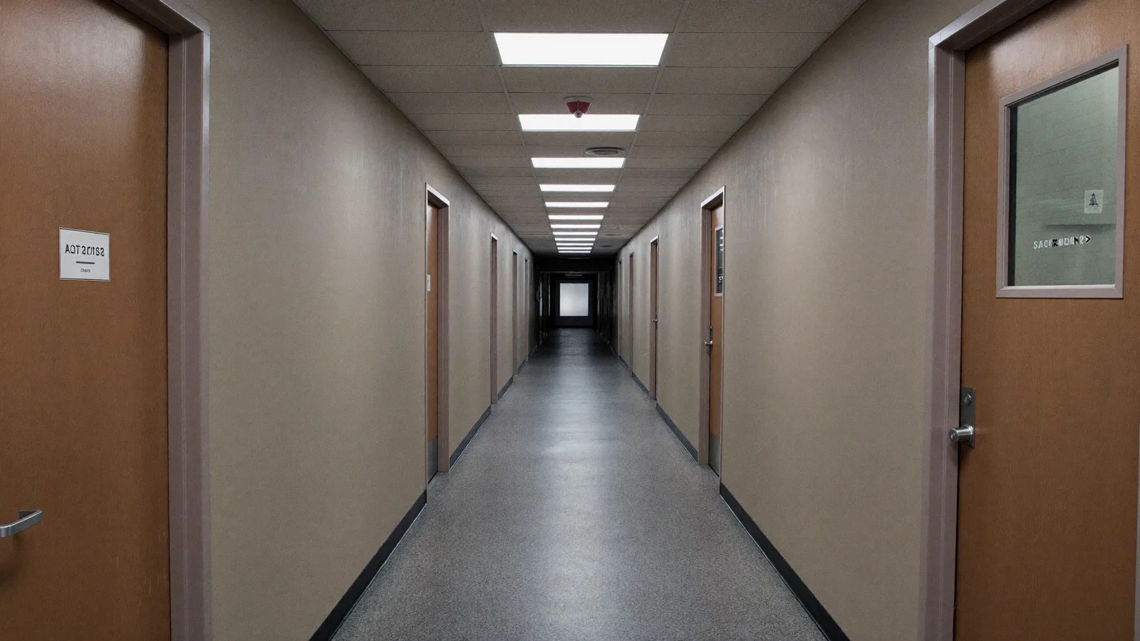 A sterile corridor evoking Lumon in Severance