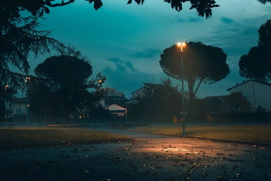 Empty suburban street at night with streetlights