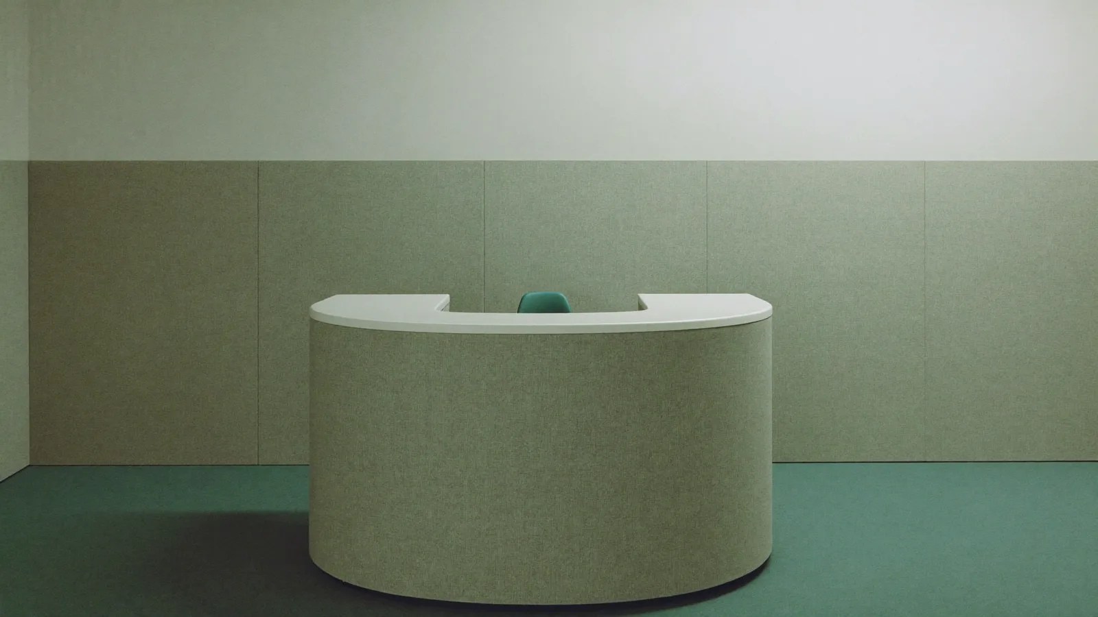 The cast of Severance at Lumon, a retro office lobby