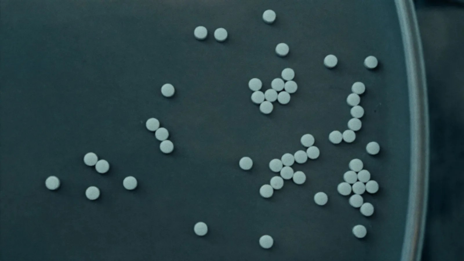 Scattered pills, evoking the opioid crisis in Dopesick