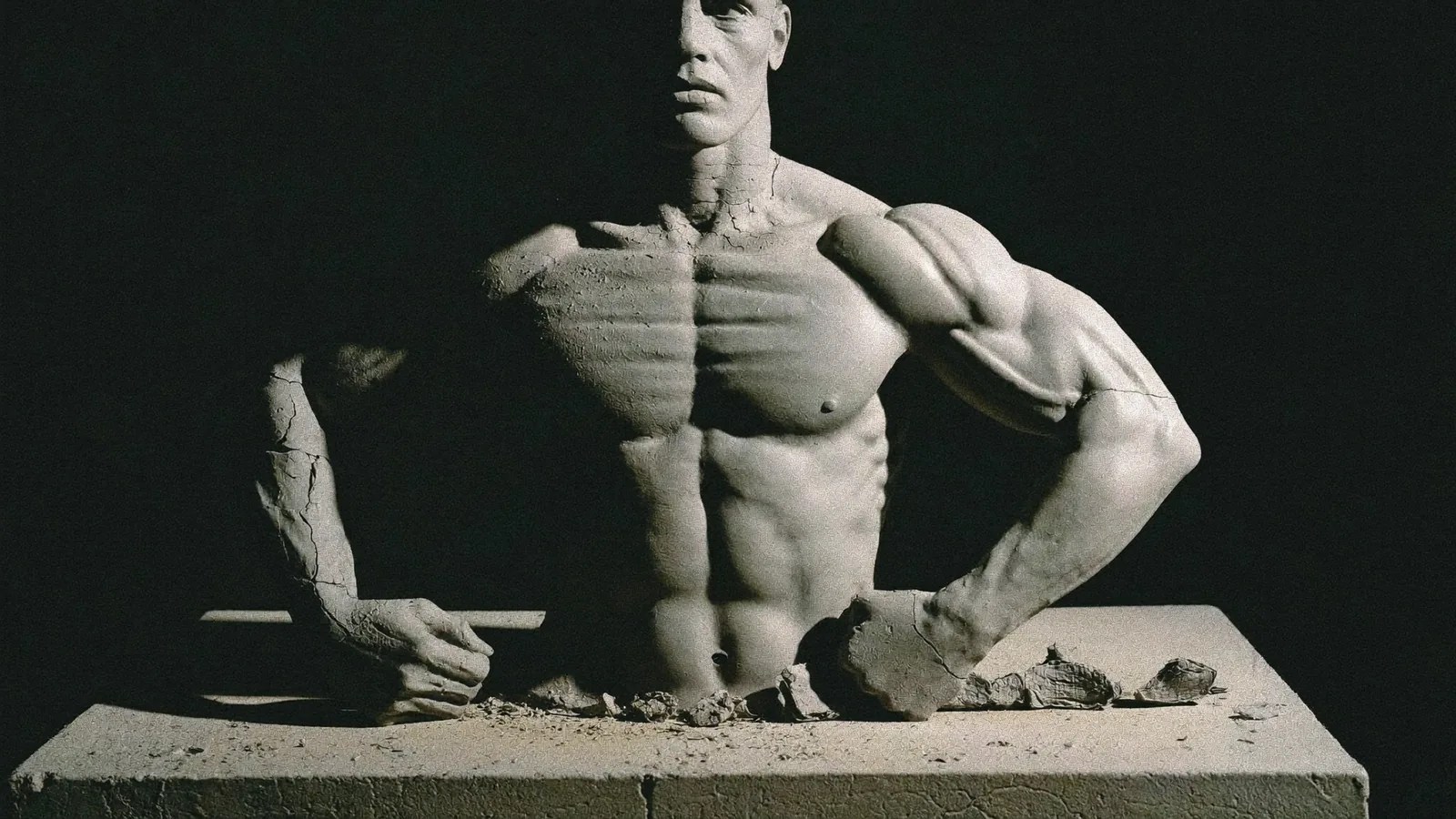 A muscular figure emerging from unfinished clay