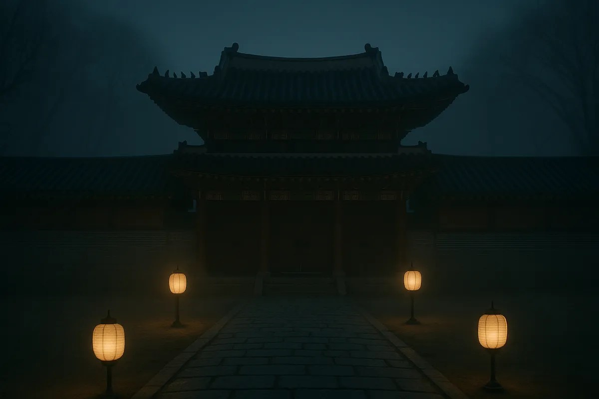 Kingdom watch order question, evoked by a foggy Joseon-era palace gate at night