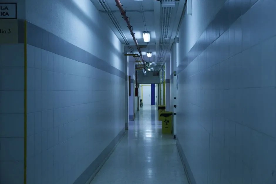 Minimalist office architecture with fluorescent lighting, generic stock image not from the show