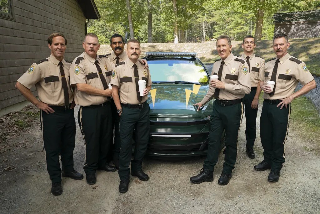 Nat Faxon, Kevin Heffernan, Jay Chandrasekhar, Steve Lemme, Paul Soter, Andrew Dismukes, and Erik Stolhanske on the set of Super Troopers 3 (2026).