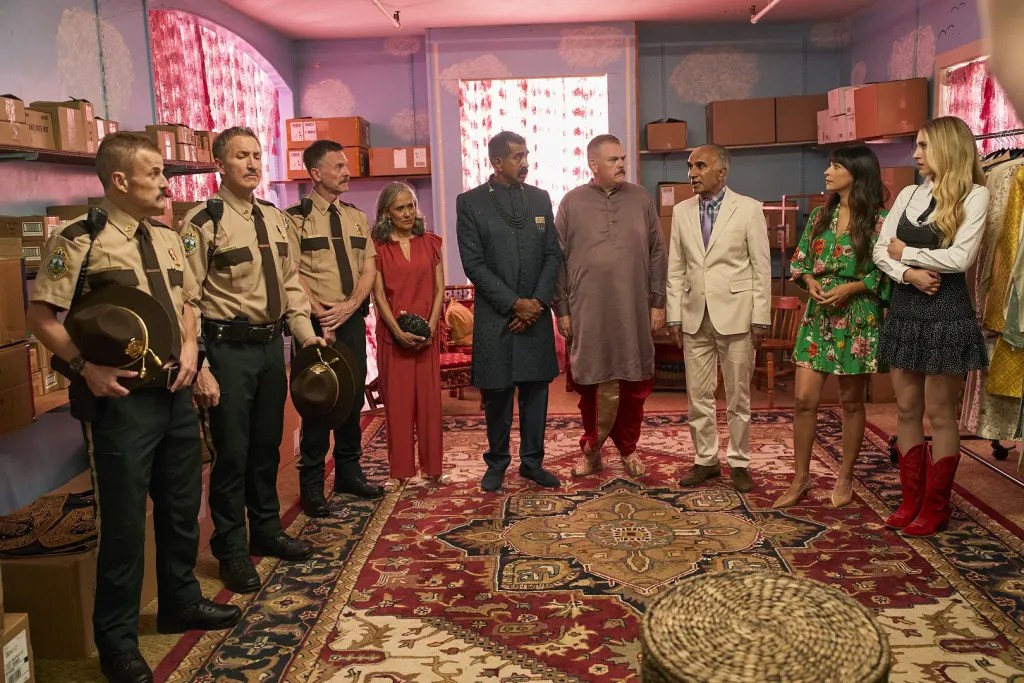 From L to R: Steve Lemme, Paul Soter, Erik Stolhanske, Sakina Jaffrey, Jay Chandrasekhar, Kevin Heffernan, Iqbal Theba, Hannah Simone, and Lisa Gilroy in Super Troopers 3 (2026).