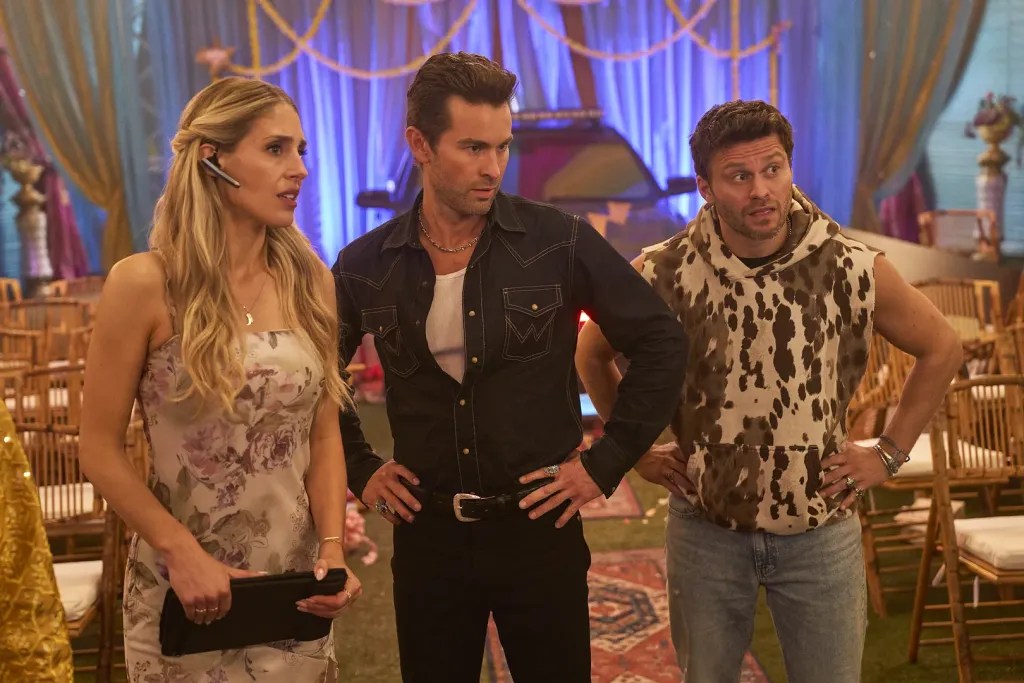 From L to R: Lisa Gilroy, Chace Crawford, and Jon Rudnitsky in Super Troopers 3 (2026).