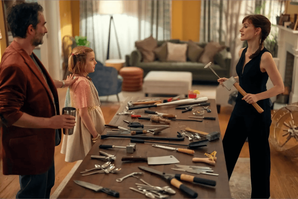 Jay Duplass, Arabella Olivia Clark and Jessica Chastain in Other Mommy (2026).