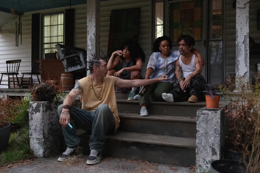 Nicholas Braun, Najah Bradley, Melanie Loren, and Peter Dinklage in Idiots (2026).
