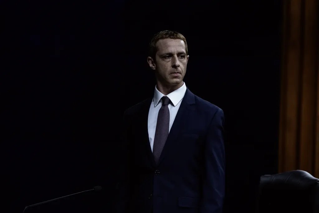 Mark Zuckerberg (Jeremy Strong) in The Social Reckoning (2026).