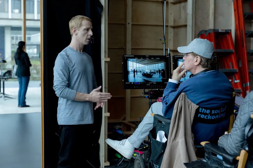 Jeremy Strong and Director/Writer Aaron Sorkin on the set of The Social Reckoning (2026).