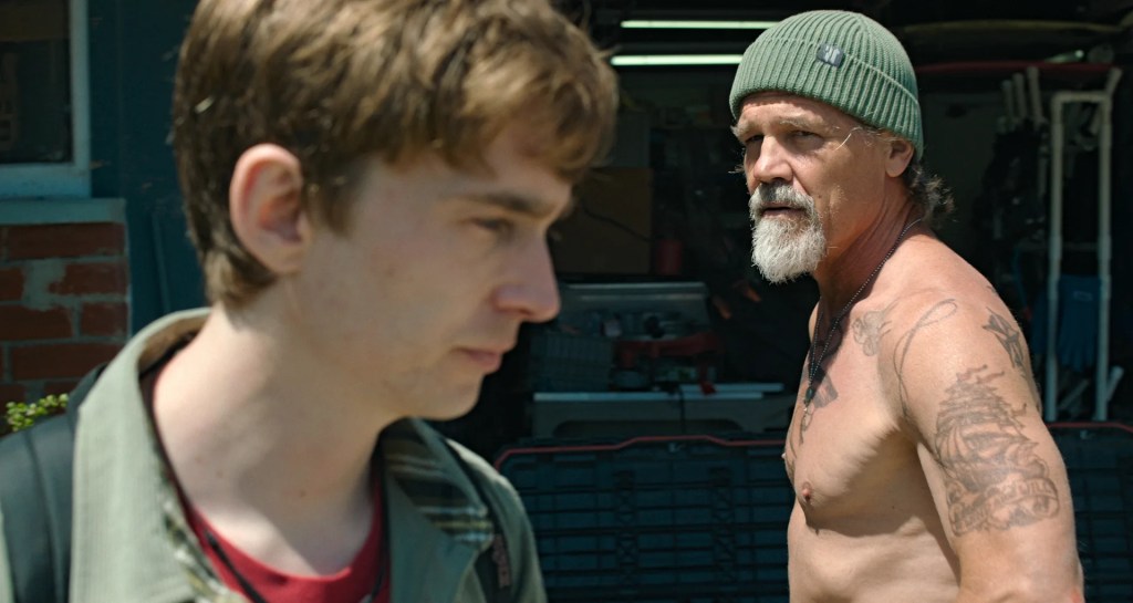(L-R): Austin Abrams as Jay Gardiner and Josh Brolin as Mitt Gardiner in Whalefall (2026).