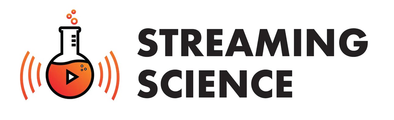 Streaming Science horizontal logo &mdash; a scientific beaker with a video play symbol and the project name