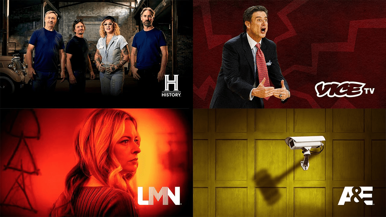 Graphic showing History Channel, Vice TV, LMN, and A&E