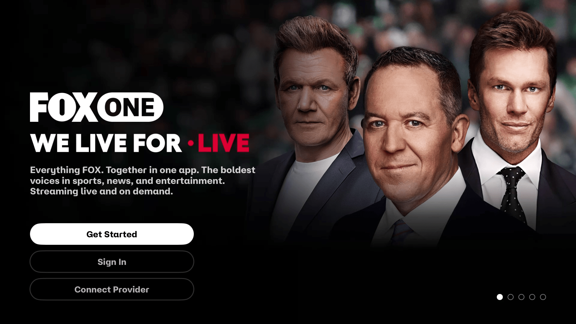 Fox One sign-up page with Gordon Ramsay, Greg Gutfeld, and Tom Brady.