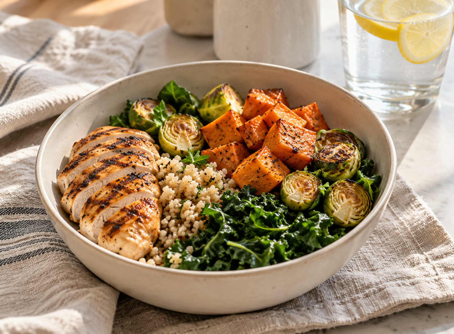 Balanced meal bowl with grilled chicken, quinoa, roasted sweet potatoes, Brussels sprouts, and kale