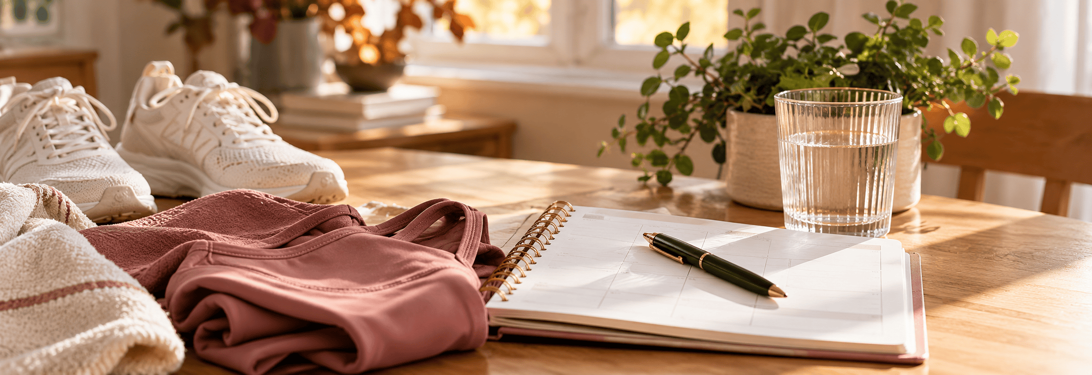 Workout shoes, water bottle, towel, and planner arranged for a simple daily routine