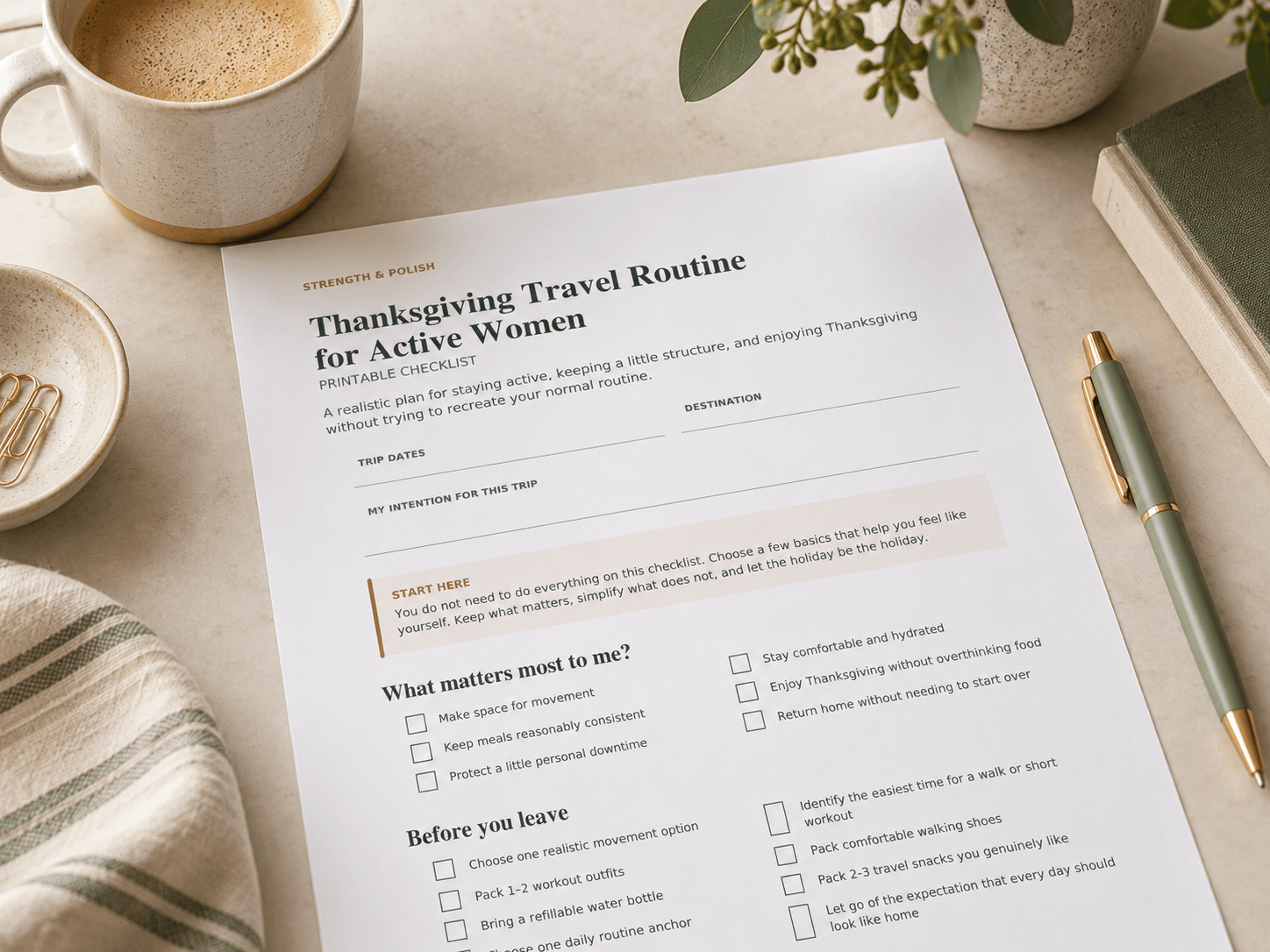 Thanksgiving Travel Routine for Active Women printable checklist