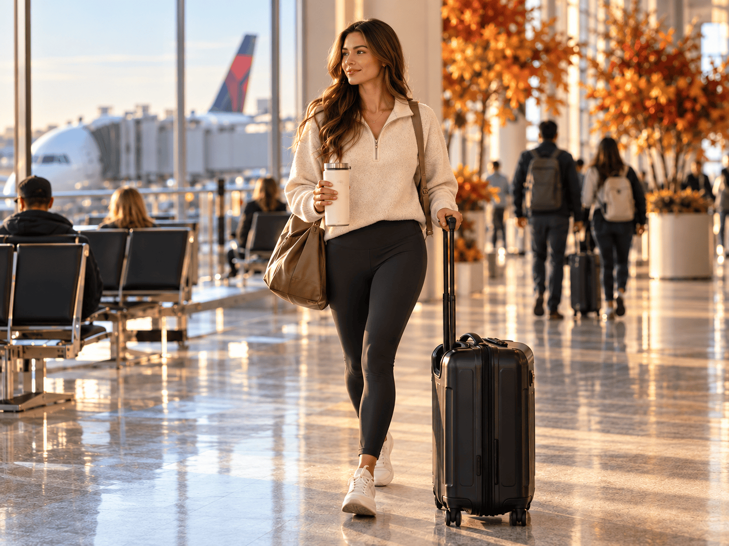 Woman staying in her routine while traveling for Thanksgiving