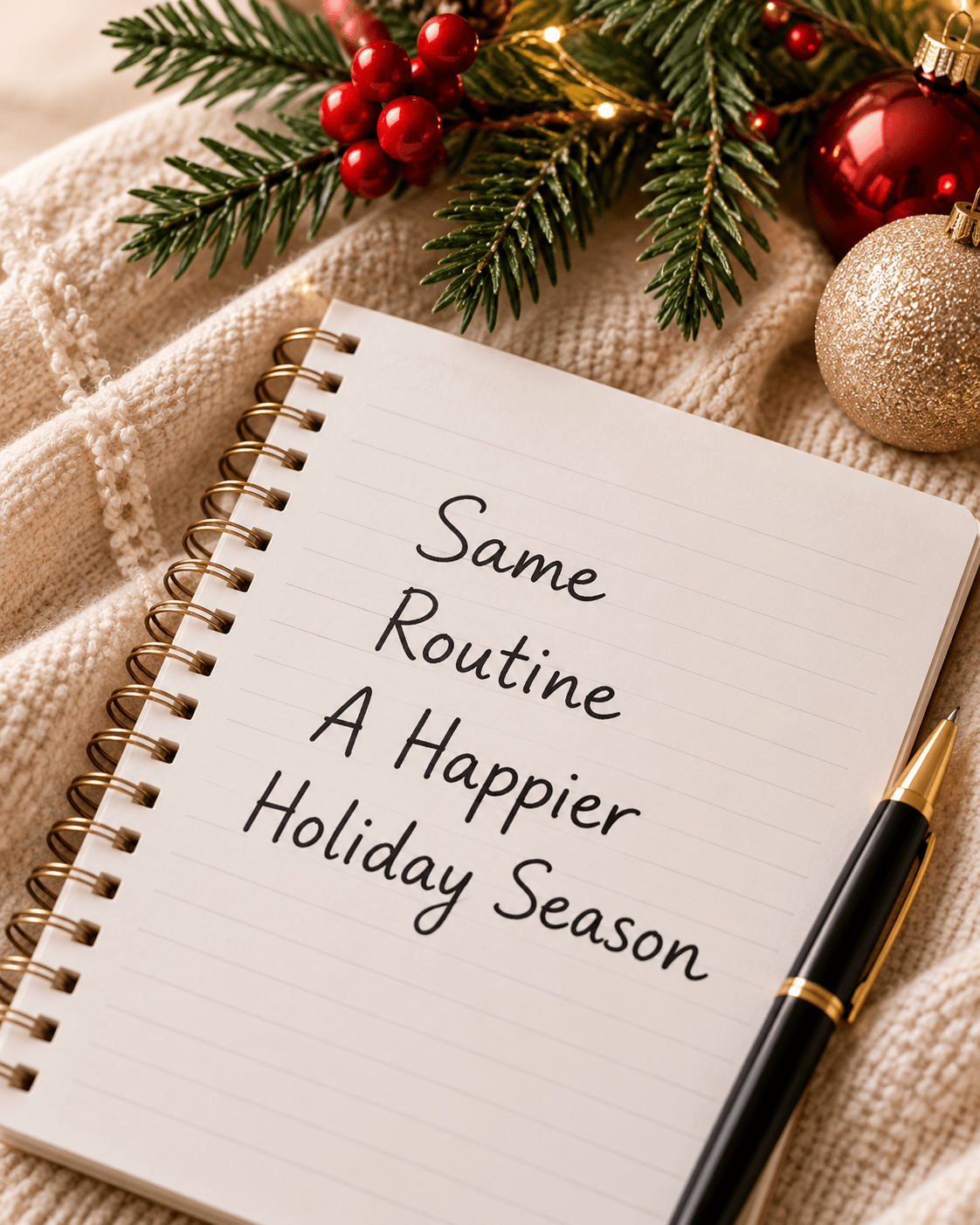 Holiday planner notebook beside Christmas decorations