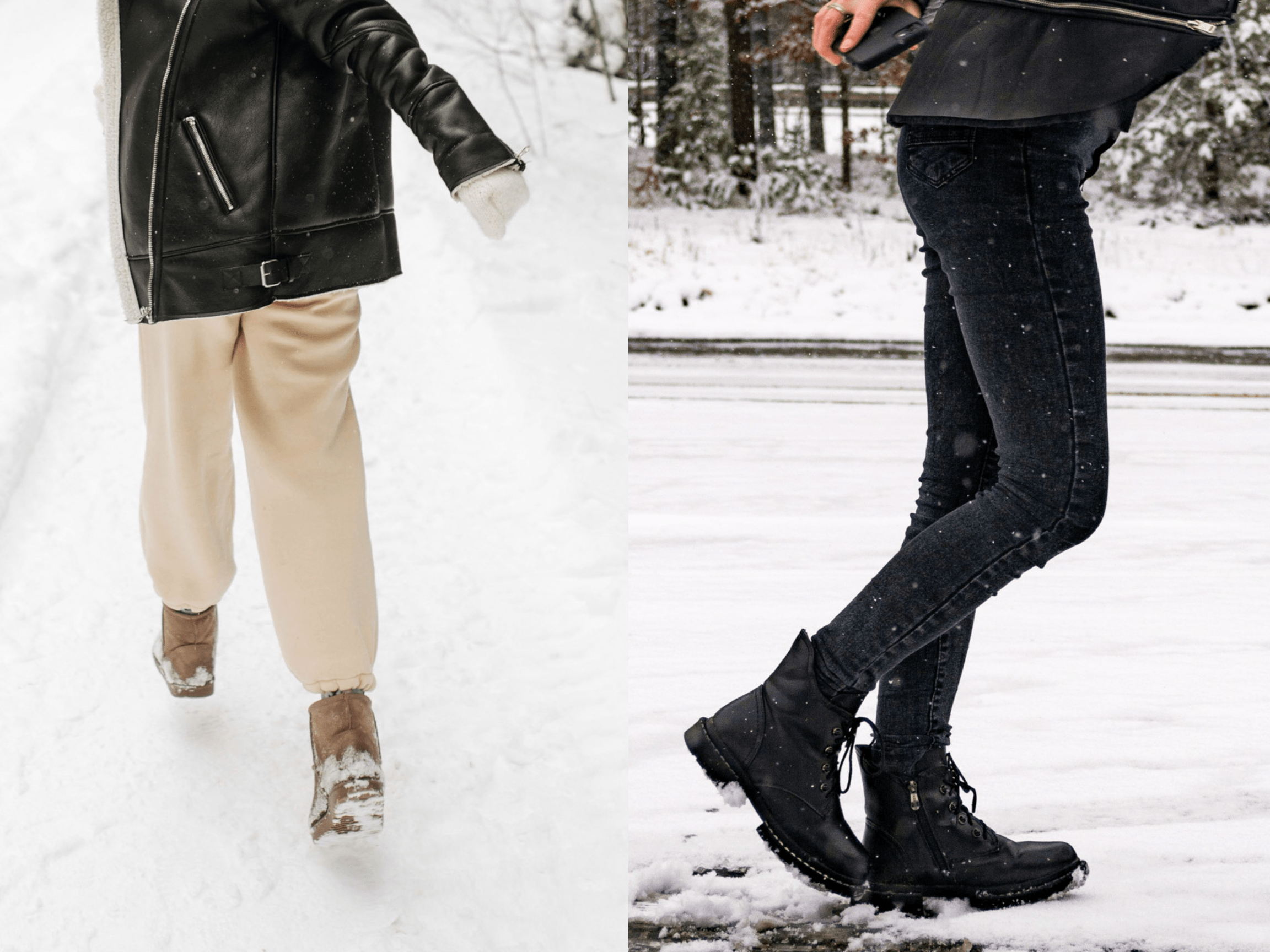Two individuals walking in snow. Left: beige pants, brown boots, black leather jacket. Right: dark jeans, black boots. Winter attire, snowy street.